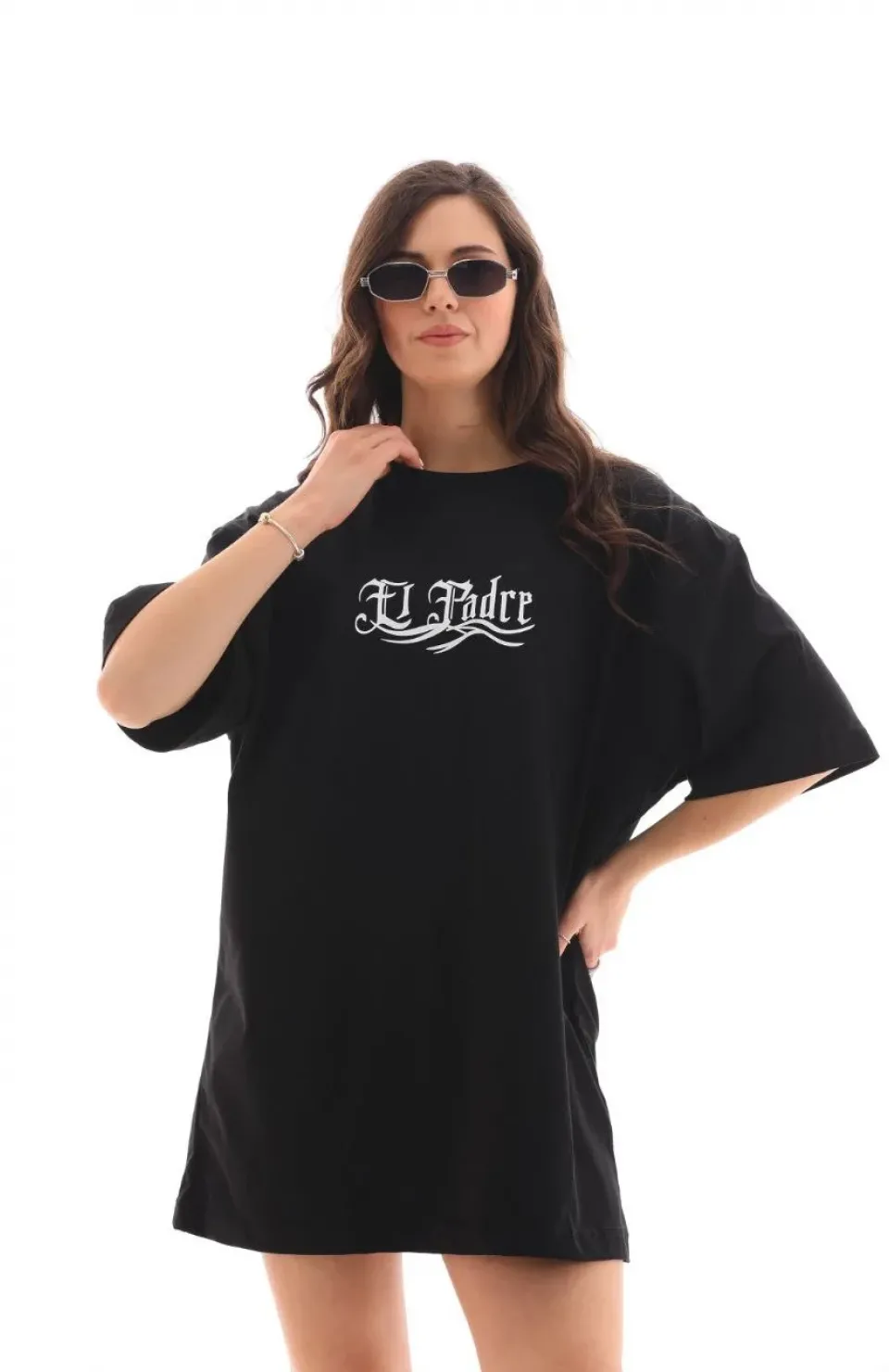 Unisex Bisiklet Yaka Baskılı Oversize T-Shirt - Siyah