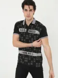Erkek Yakalı Slim Fit Baskılı T-Shirt - Siyah