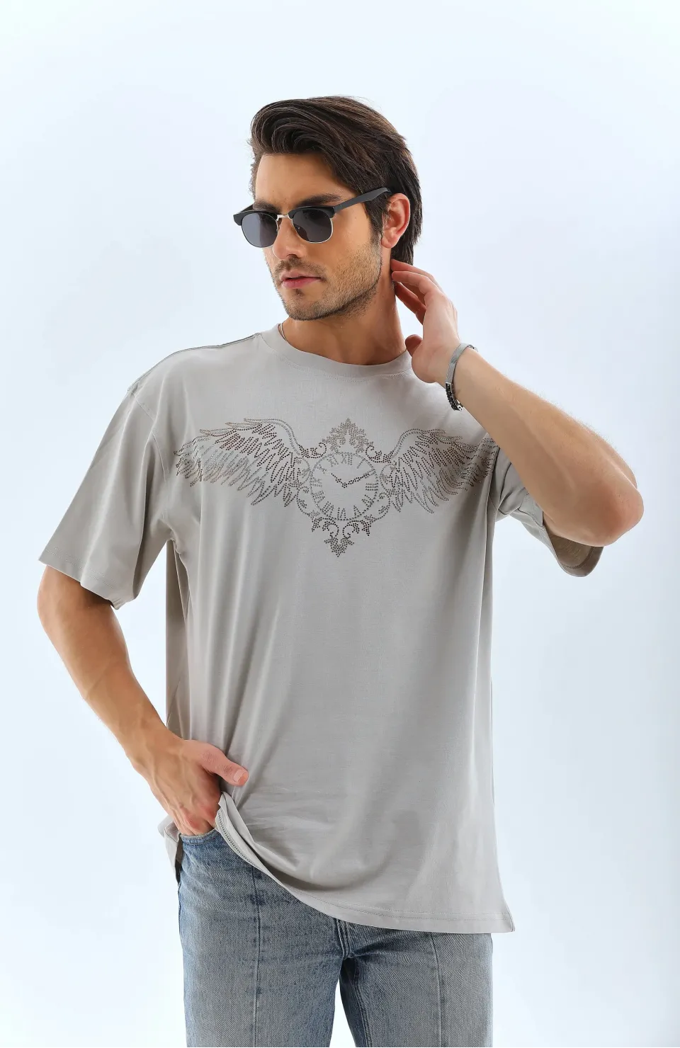 Unisex Oversize Taşlı Bisiklet Yaka T-Shirt - Gri