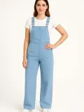 Kadın Chambray Açık Mavi Denim Görünümlü Geniş Paça Salopet Tulum - Mavi