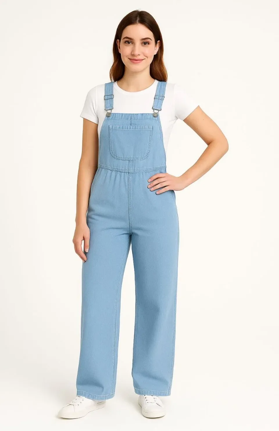 Kadın Chambray Açık Mavi Denim Görünümlü Geniş Paça Salopet Tulum - Mavi