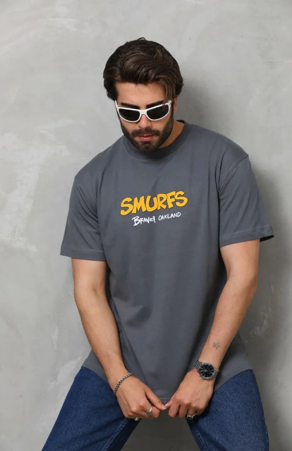 Unisex Basic Bisiklet Yaka Oversize T-Shirt - Füme