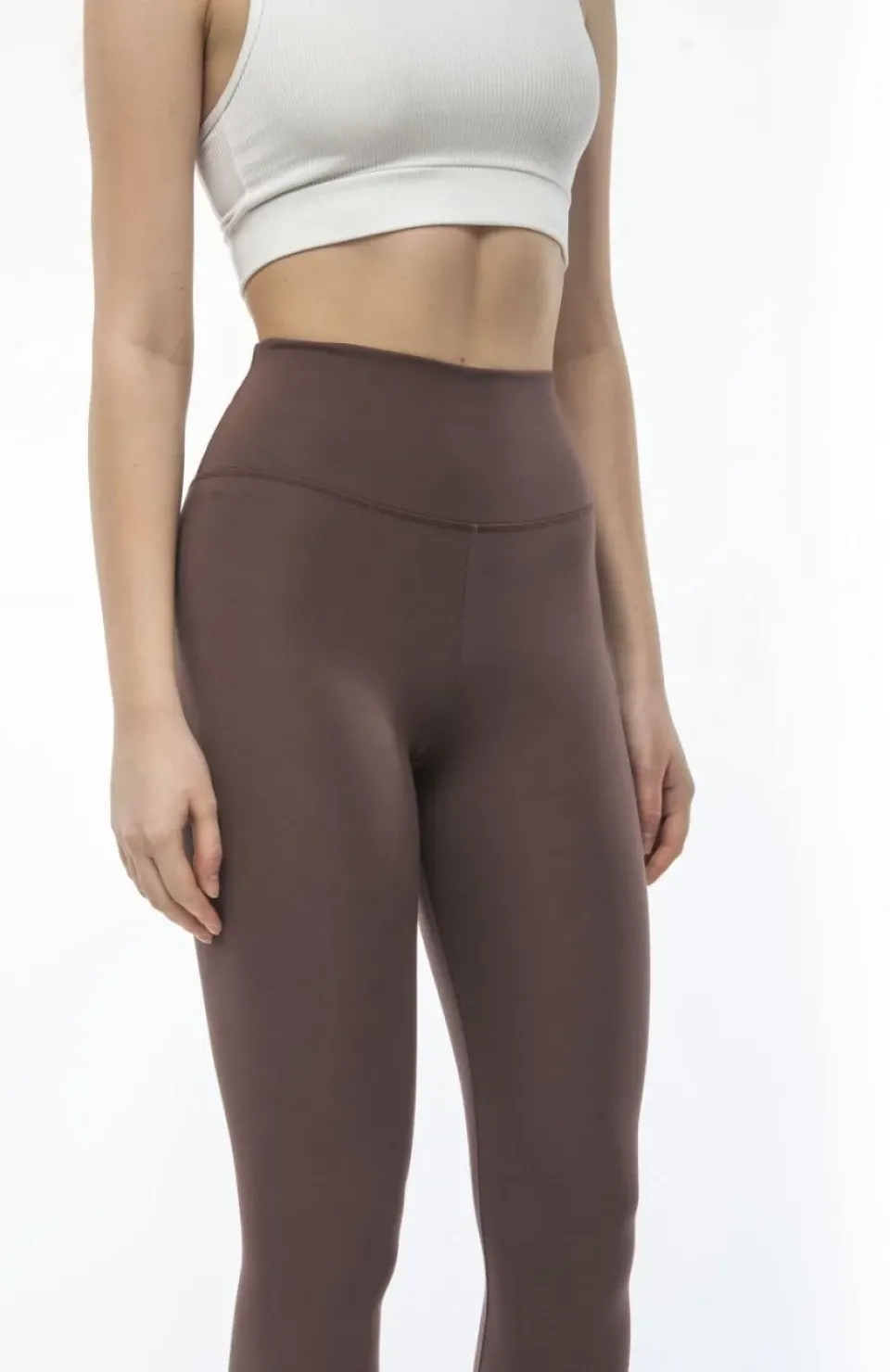 Kadın Yüksek Bel Sporcu Düz Tayt - Kahverengi