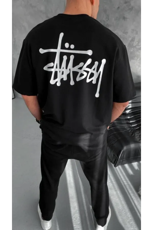 Unisex Bisiklet Yaka Baskılı Oversize T-Shirt - Siyah