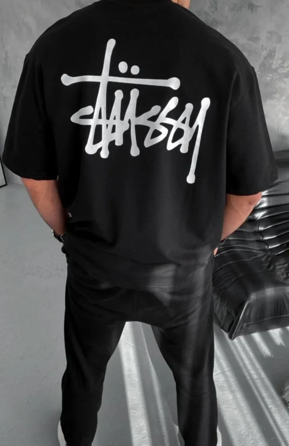 Unisex Bisiklet Yaka Baskılı Oversize T-Shirt - Siyah