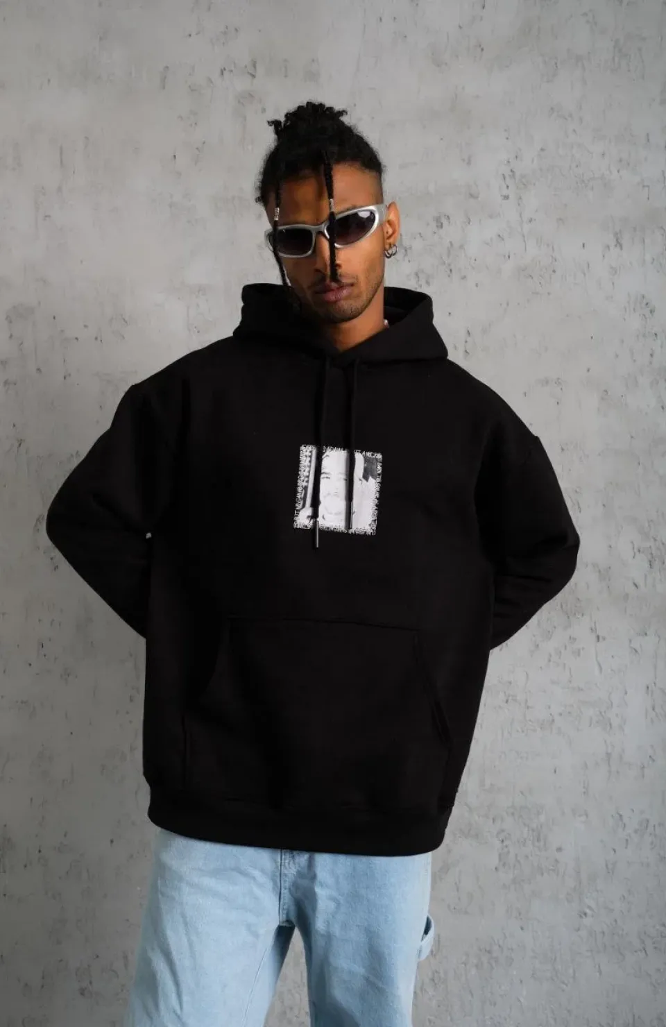 Erkek Ön Arka Baskılı Kapşonlu Sweat - Siyah