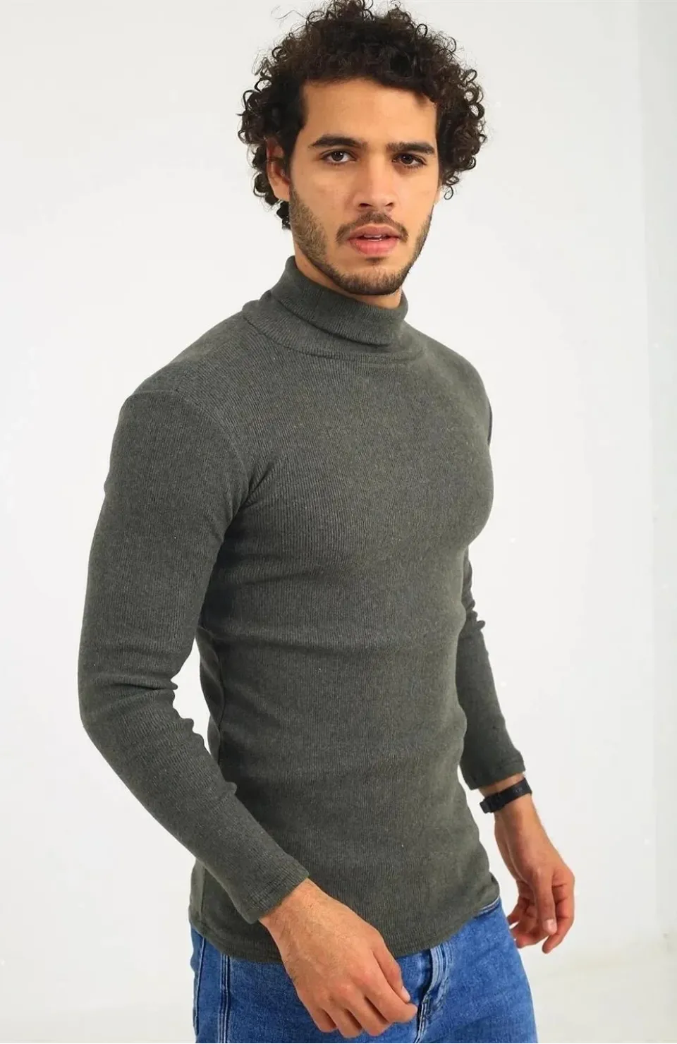 Erkek Kaşkorse Boğazlı Full Likralı Fitilli Body Kazak - Haki