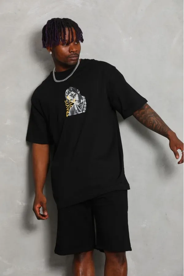 Unisex Oversize Baskılı Bisiklet Yaka T-Shirt - Siyah