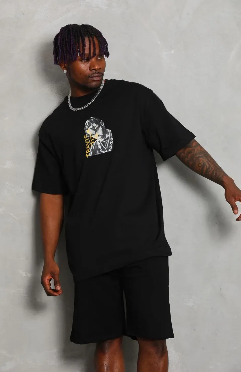 Unisex Oversize Baskılı Bisiklet Yaka T-Shirt - Siyah