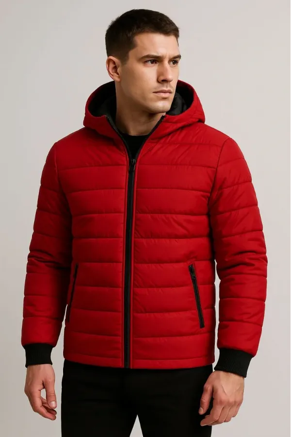 Erkek Şişme Kapüşonlu Fermuarlı Mont Su itici Kapitone Astarlı Kumaş Cepli Kışlık Rahat Kalıp - Kırmızı