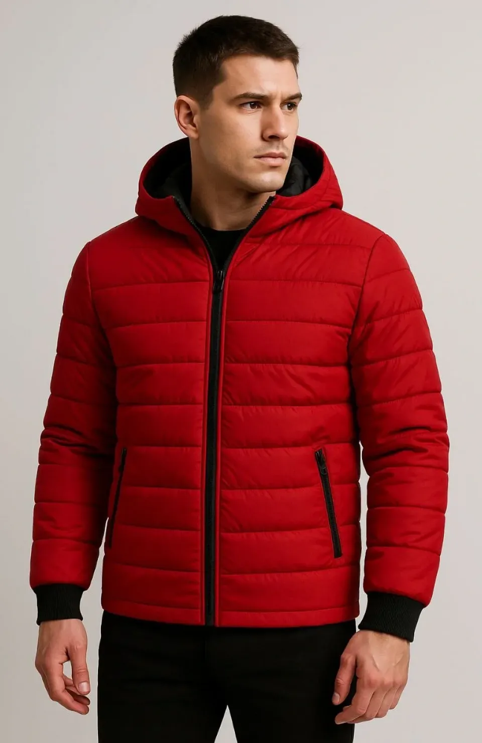 Erkek Şişme Kapüşonlu Fermuarlı Mont Su itici Kapitone Astarlı Kumaş Cepli Kışlık Rahat Kalıp - Kırmızı Somersan Giyim | Kadın, Erkek ve Çocuk Moda