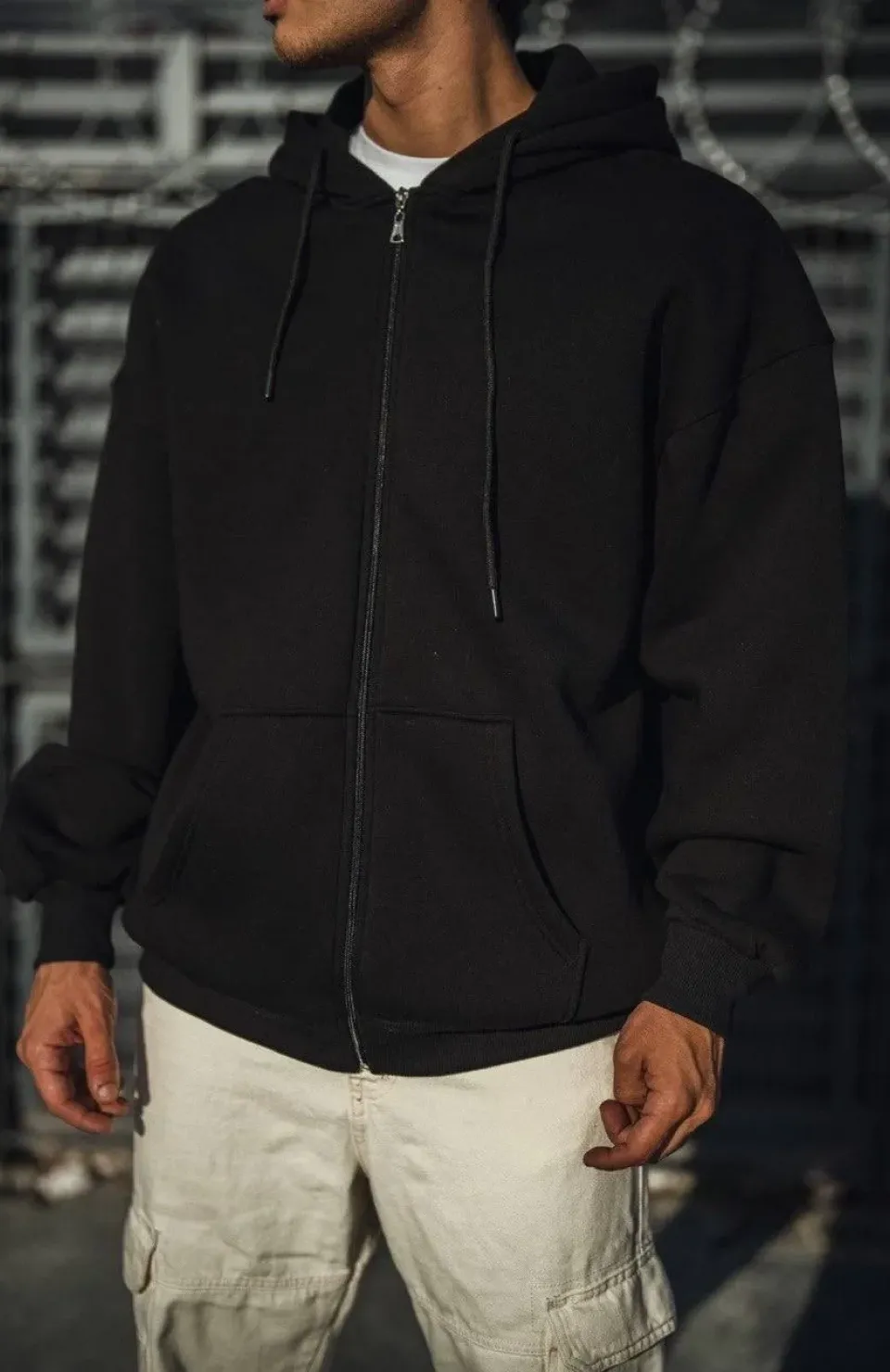 Oversize Tam Fermuarlı Uzun Kol Hırka - Siyah