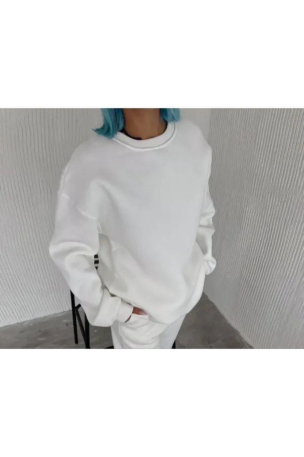 Kışlık Bisiklet Yaka Üç İplik Basic SweatShirt - Beyaz