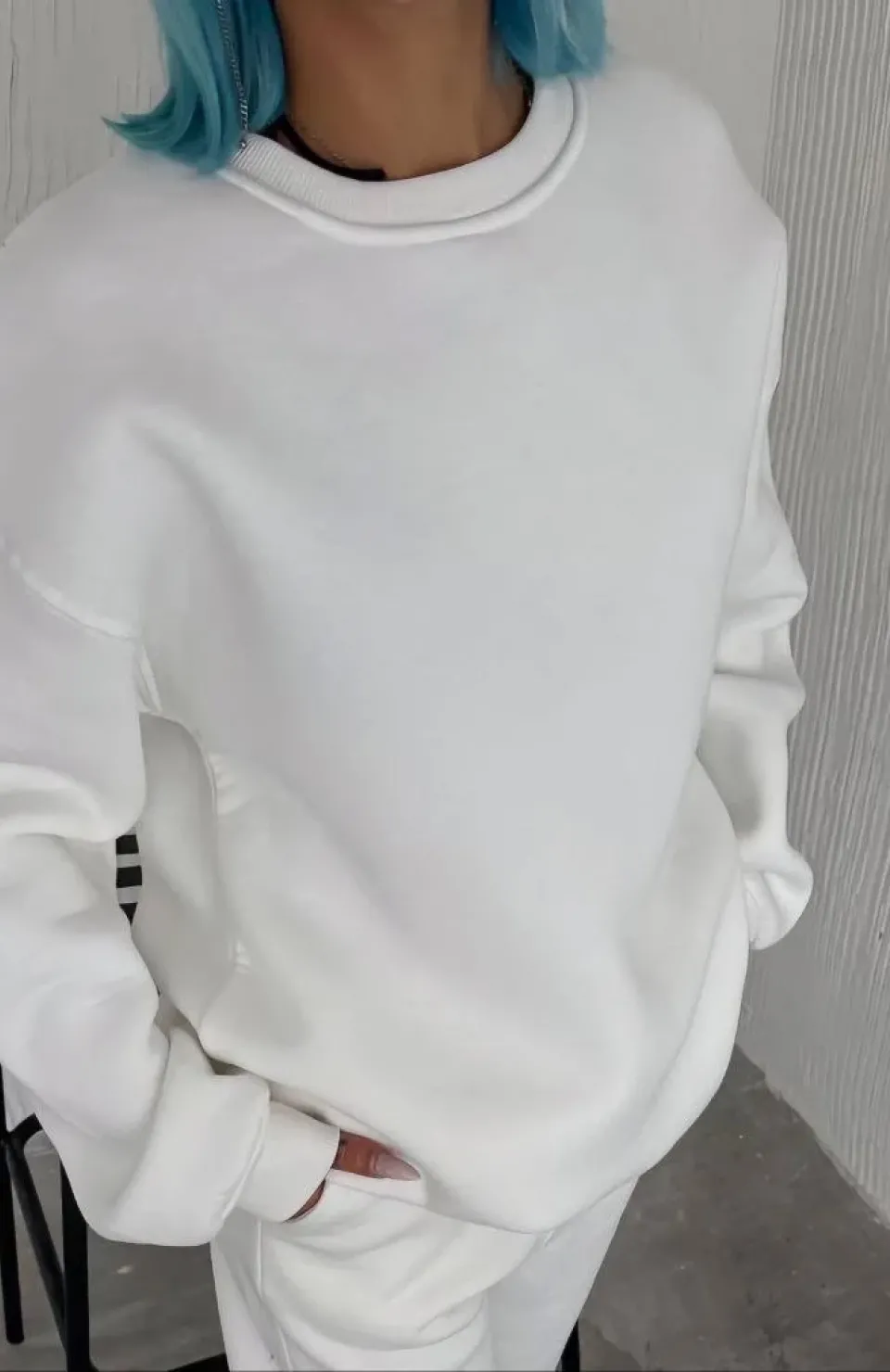 Kışlık Bisiklet Yaka Üç İplik Basic SweatShirt - Beyaz