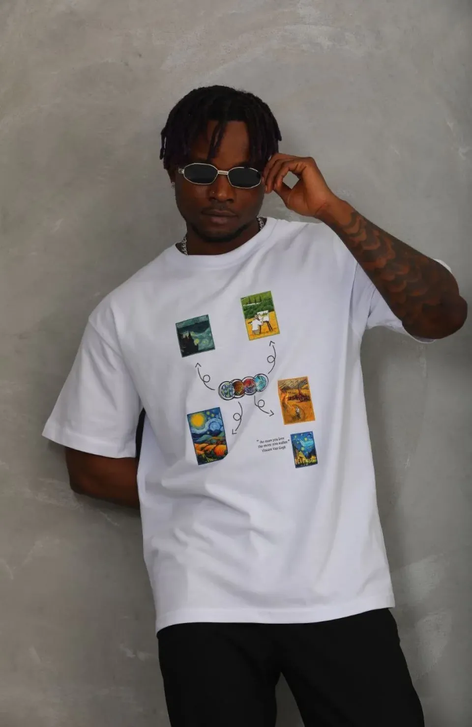 Unisex Oversize Baskılı Bisiklet Yaka T-Shirt - Beyaz