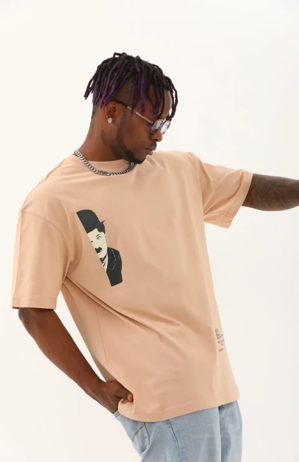 Unisex Oversize Baskılı Bisiklet Yaka T-Shirt - Bej