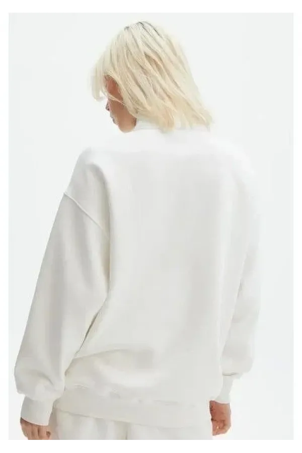 Unisex Uzun Kol Yarım Farmuarlı Yakalı Basic SweatShirt - Beyaz