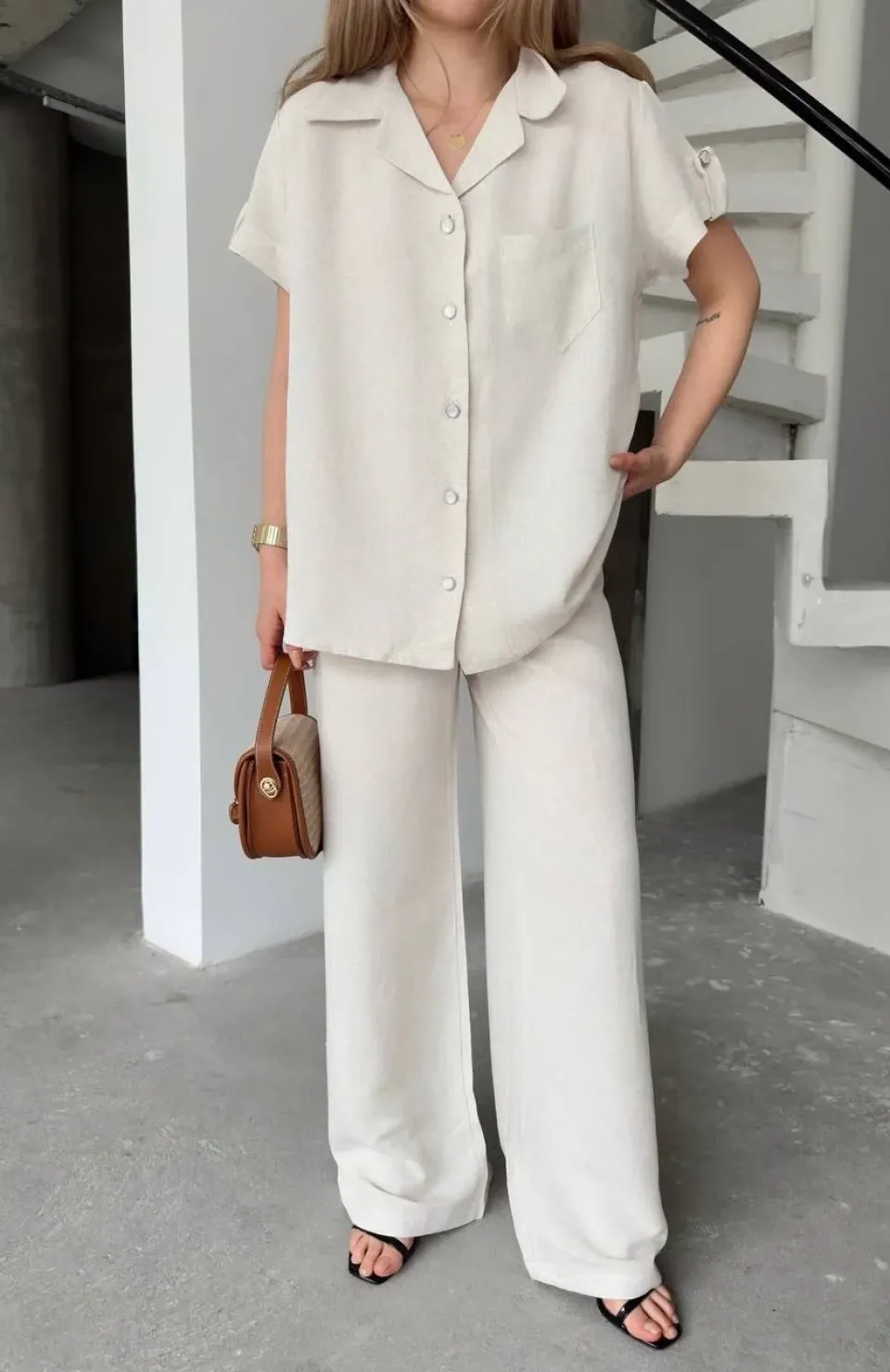 Keten Kısa Kollu Cepli Gömlek Pantolon ikili Takım - Beyaz