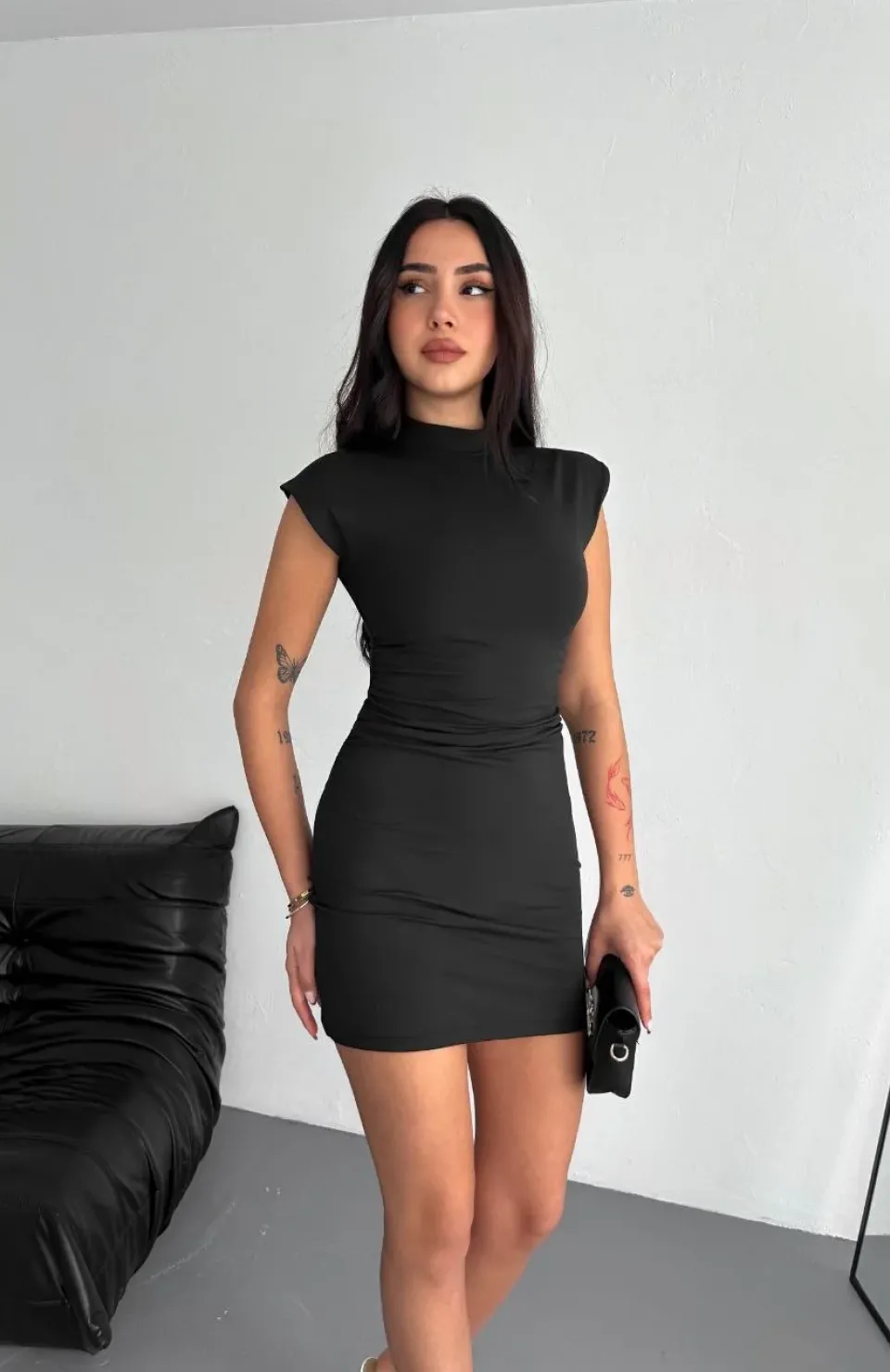 Yarım Bogazlı Kolsuz Mini Boy Elbise - Siyah