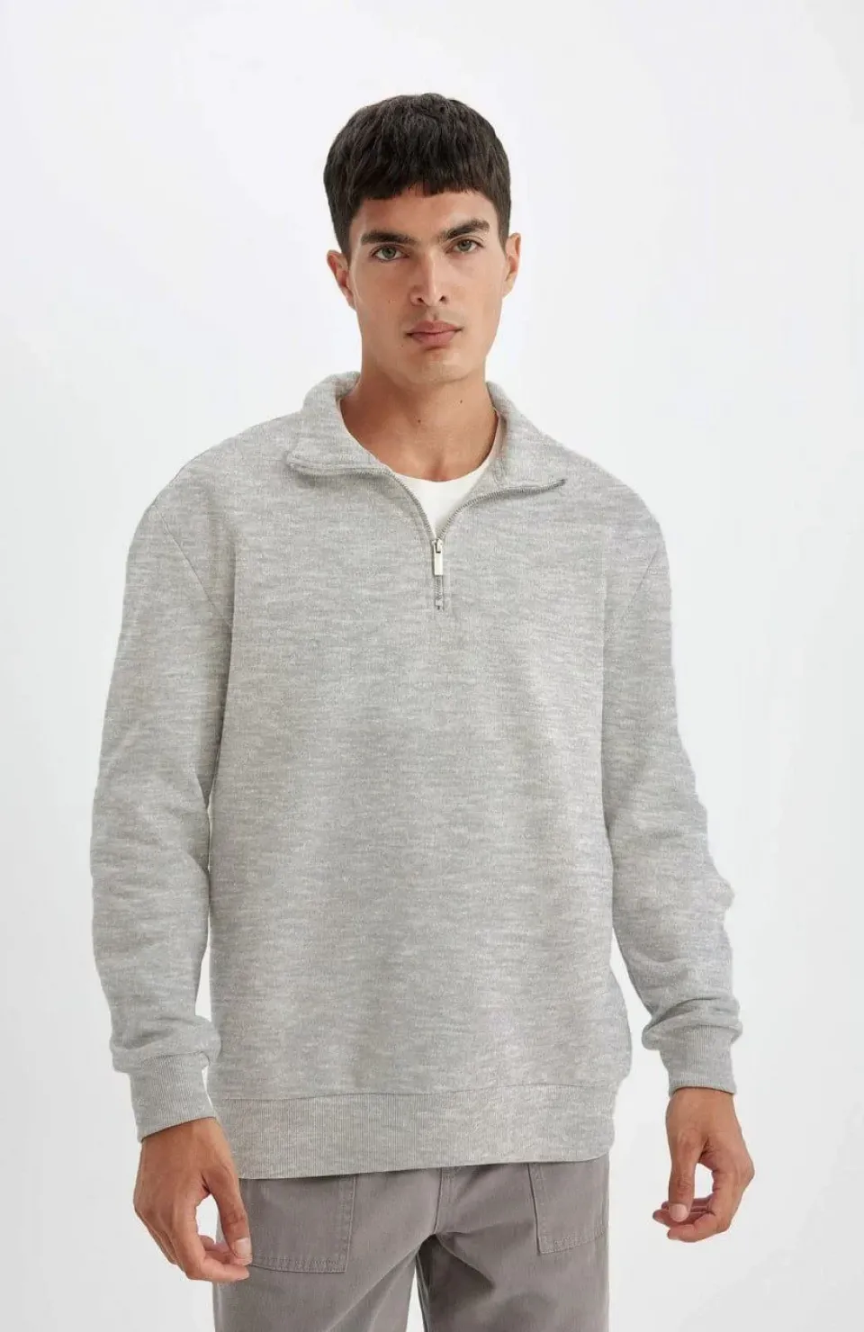 Unisex Uzun Kol Yarım Farmuarlı Yakalı Basic SweatShirt - Gri