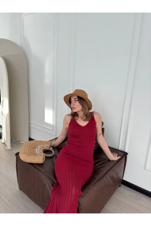 Örgülü Uzun Triko Elbise - Bordo