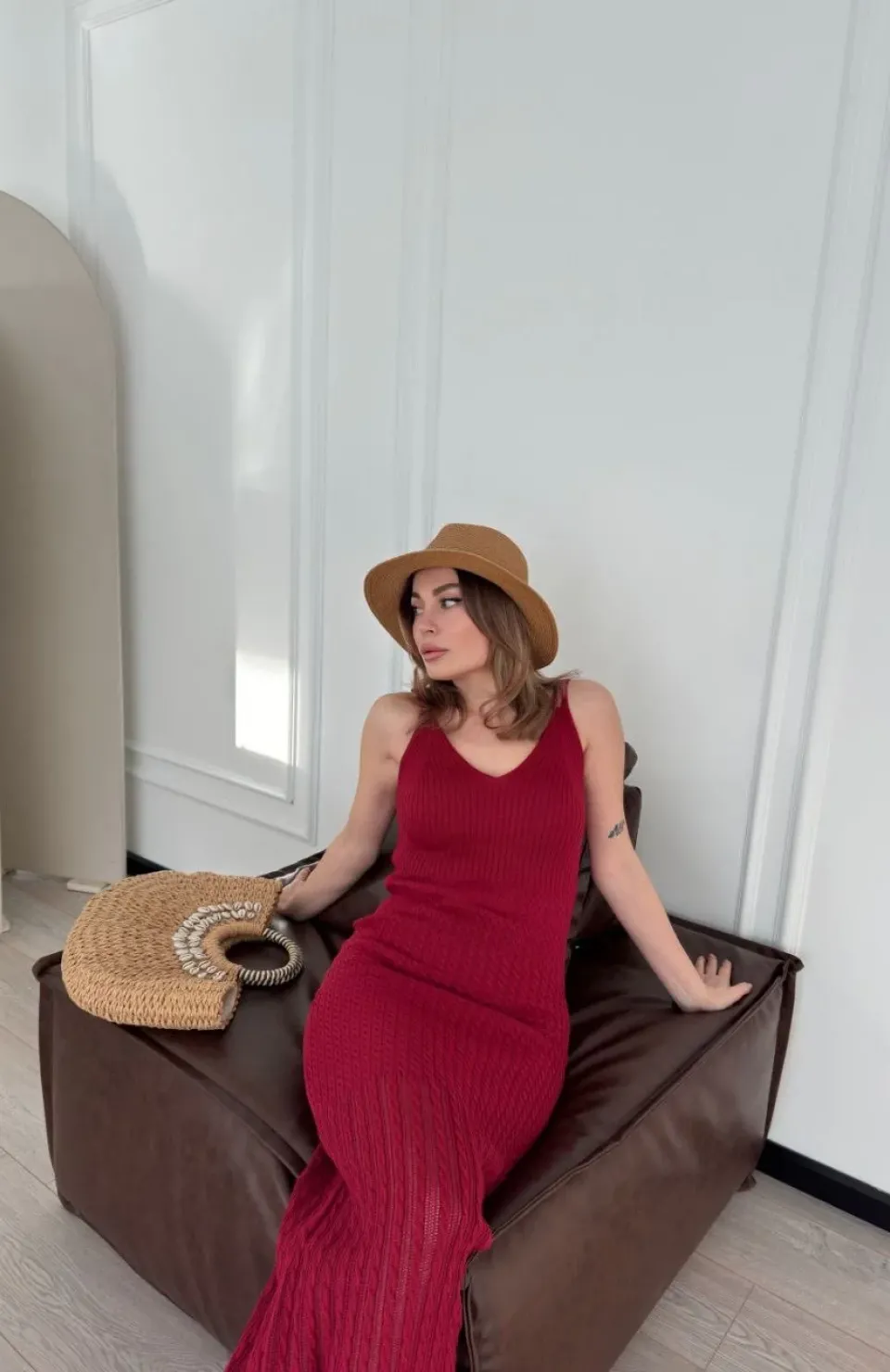 Örgülü Uzun Triko Elbise - Bordo