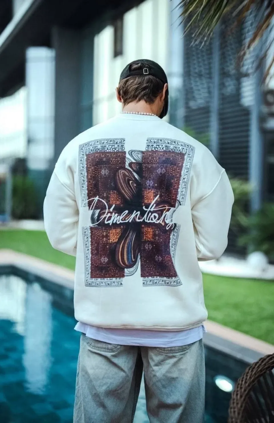 Uzun Kol Bisiklet Yaka Ön ve Arka Baskılı SweatShirt - Beyaz