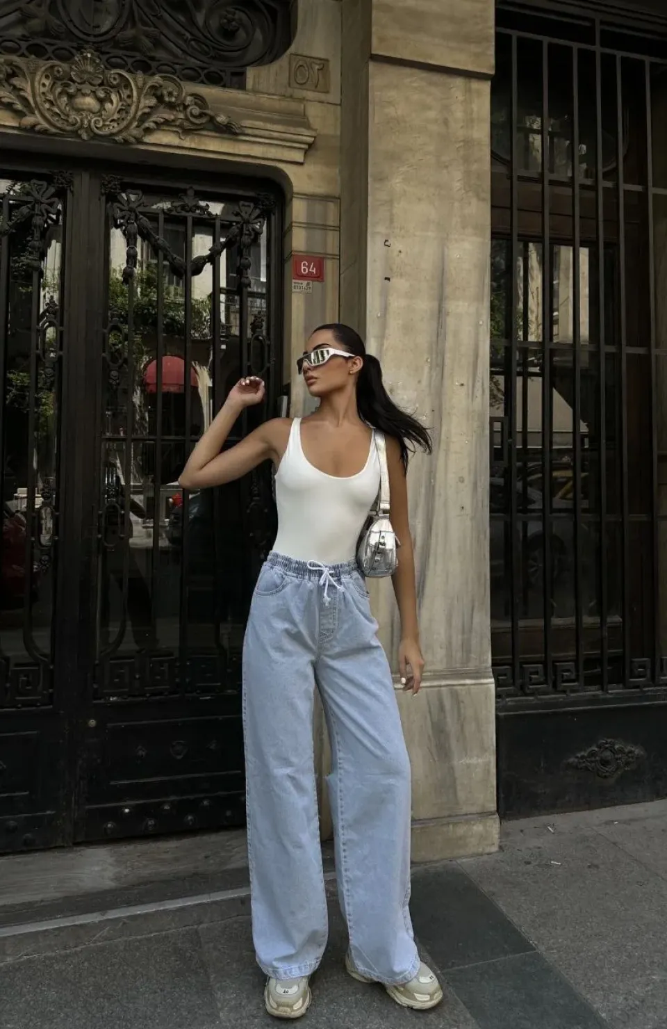 Kadın Arkadan Yırtmaçlı Jeans Kot Palazzo Pantolon - Mavi