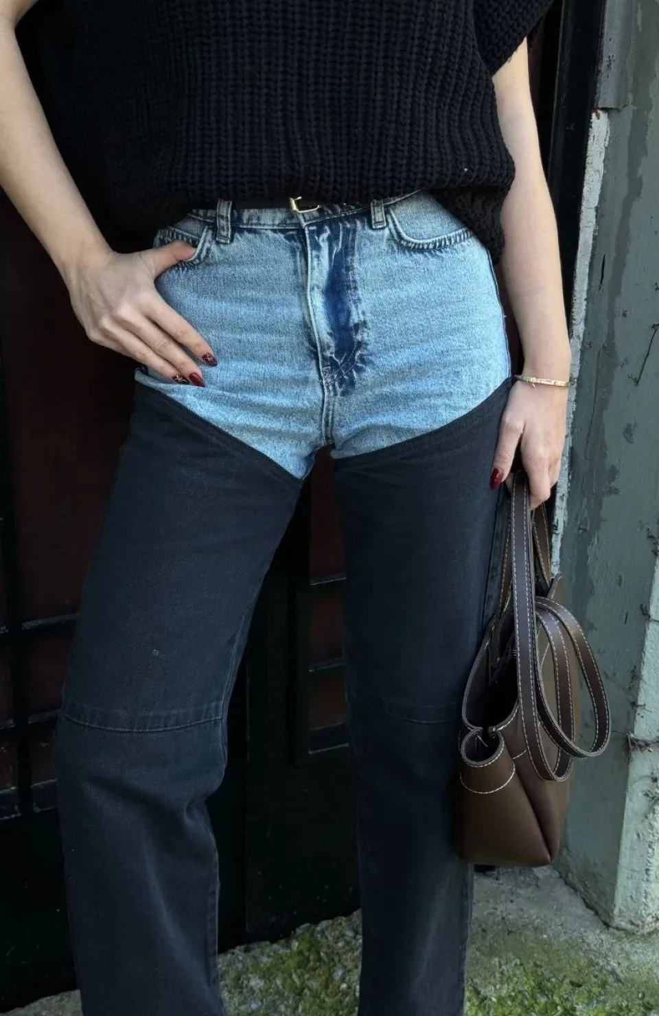 Kadın Jeans Kot Parçalı Palazzo Pantolon - Siyah