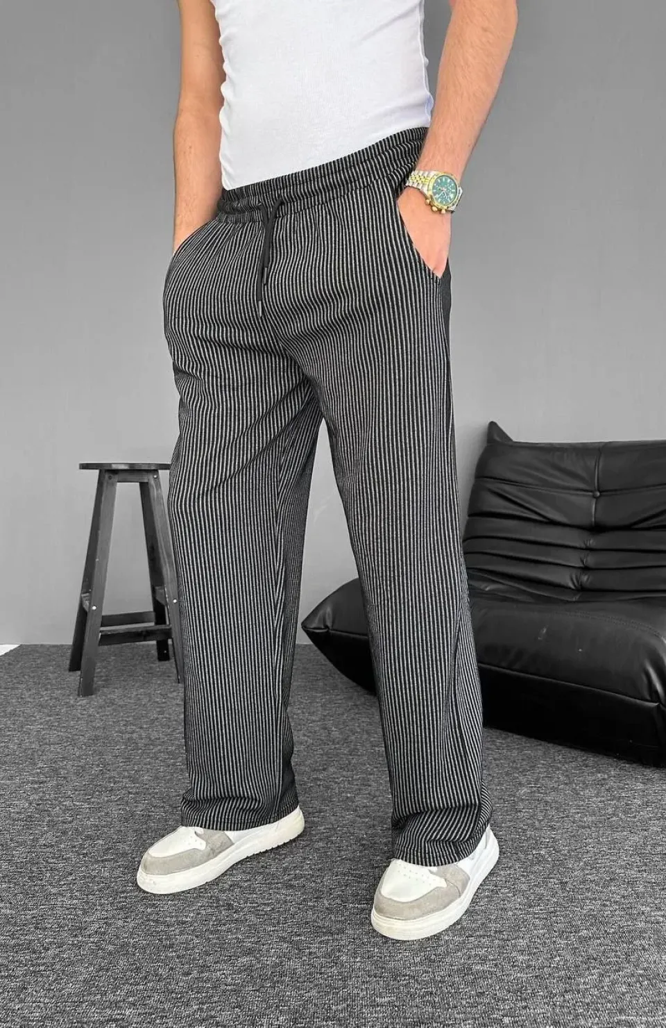 Su Yolu Çizgili Cepli Pantalon - Siyah