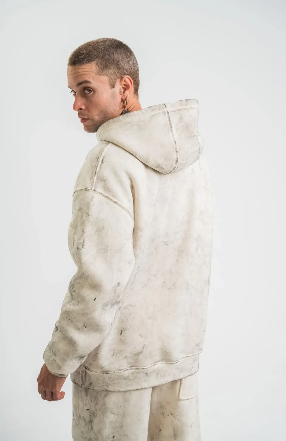 Unisex Double Oversize Kapşonlu Yıkamalı SweatShirt - Krem