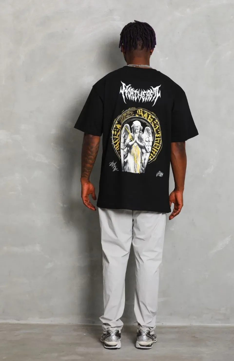 Unisex Oversize Baskılı Bisiklet Yaka T-Shirt - Siyah