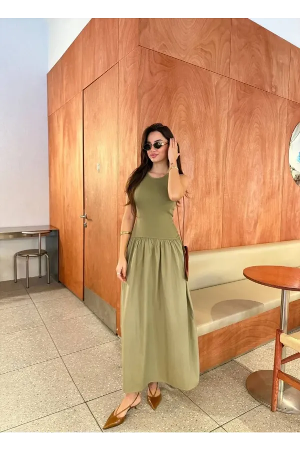 Kolsuz Uzun Elbise - Haki