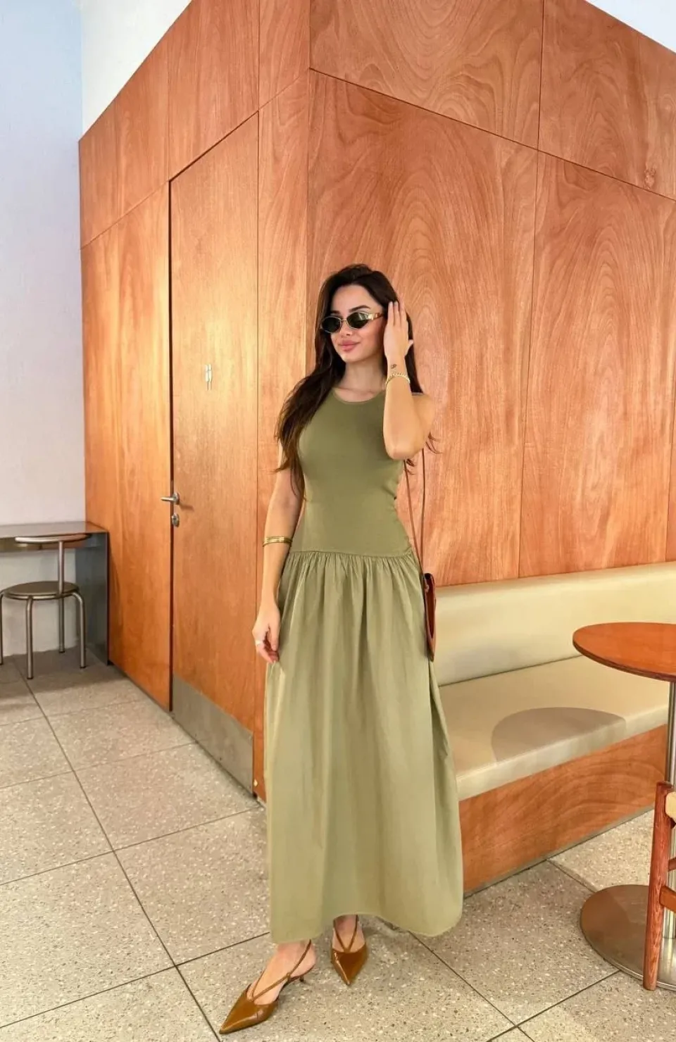 Kolsuz Uzun Elbise - Haki