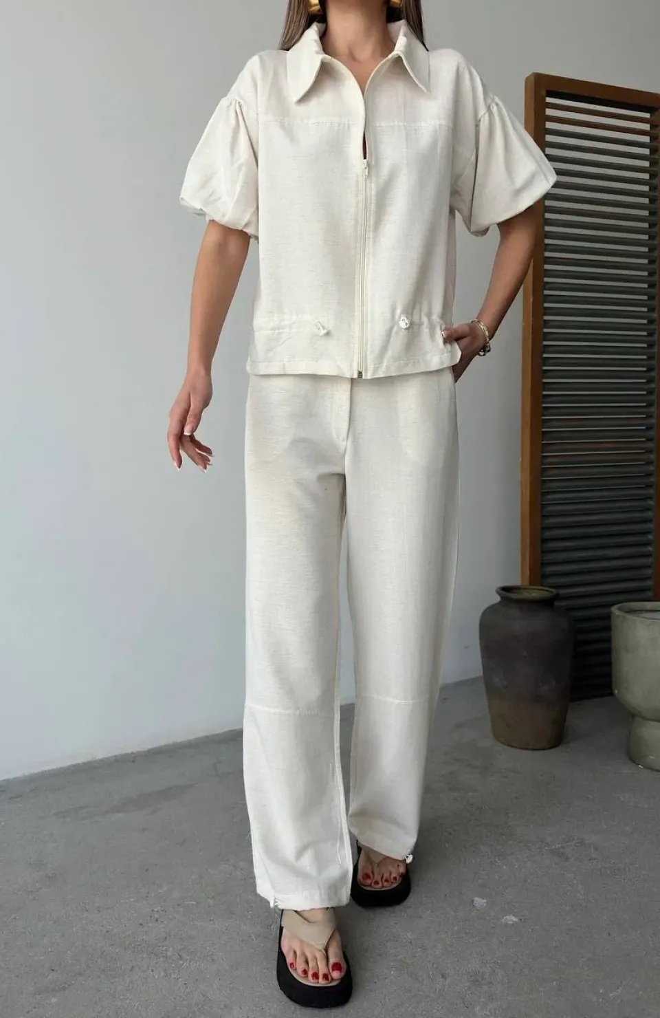 Keten Tam Fermuarlı Kısa kollu Gömlek Pantolon ikili Takım - Beyaz