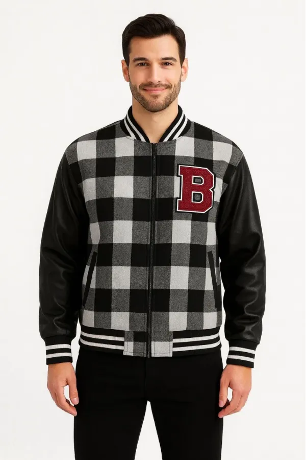 Erkek Kolej Ceket – Kareli Oduncu Kumaş, Kolları Suni Deri, Fermuarlı, İçi Kapitone Astarlı, Nakışlı Oversize Bahar & Kış Stil - Gri