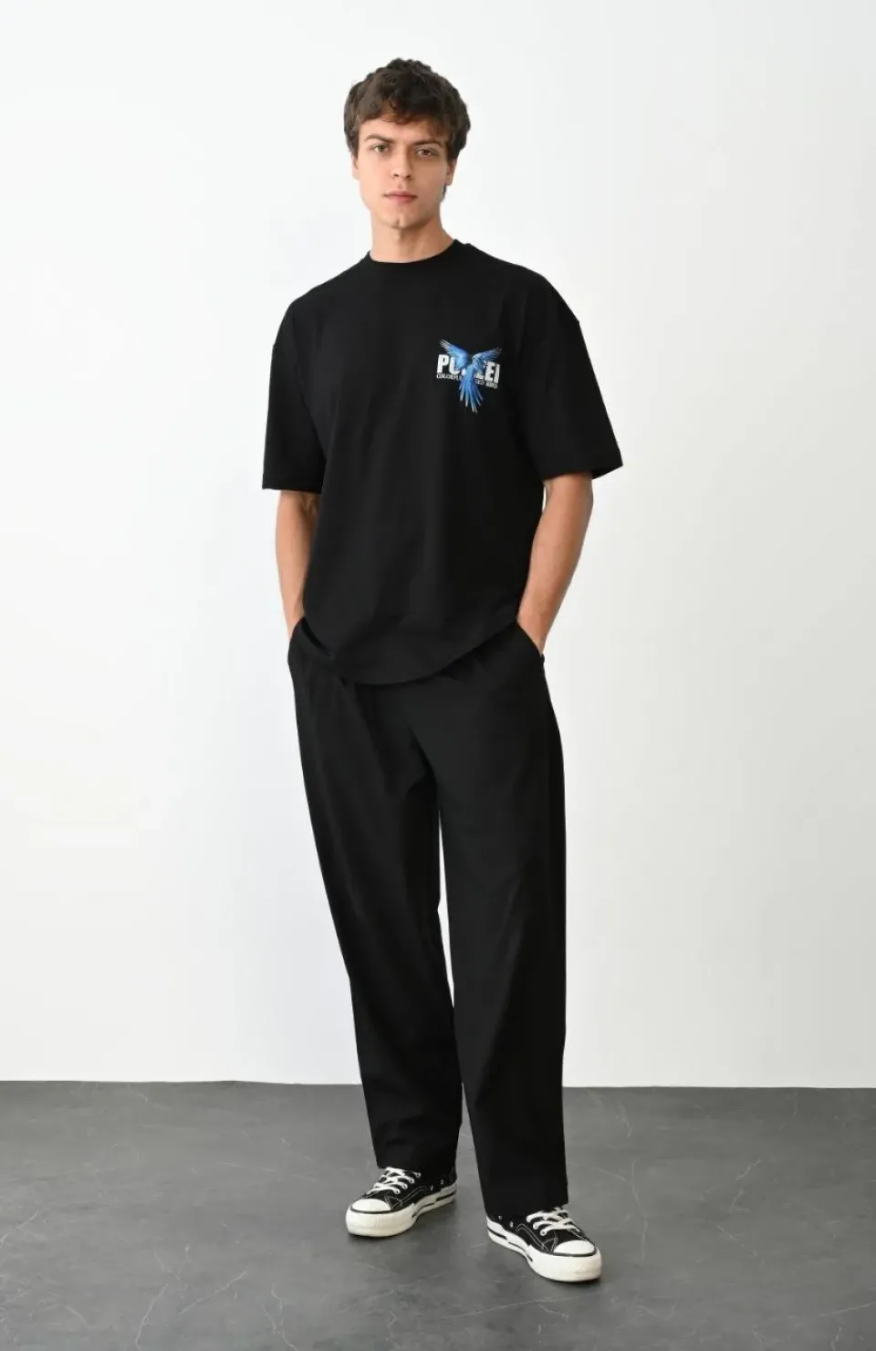 Unisex Bisiklet Yaka Baskılı Oversize T-Shirt - Siyah