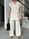 Keten Sıfır Kol Blezer Ceket Pantolon ikili Takım- Beyaz