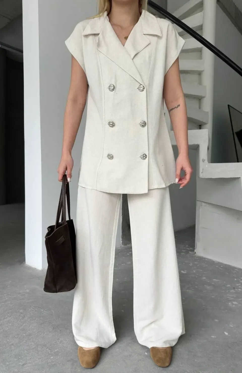 Keten Sıfır Kol Blezer Ceket Pantolon ikili Takım- Beyaz