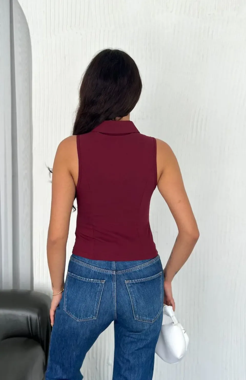 Yakalı Tam Fermuarlı Kolsuz Bluz - Bordo