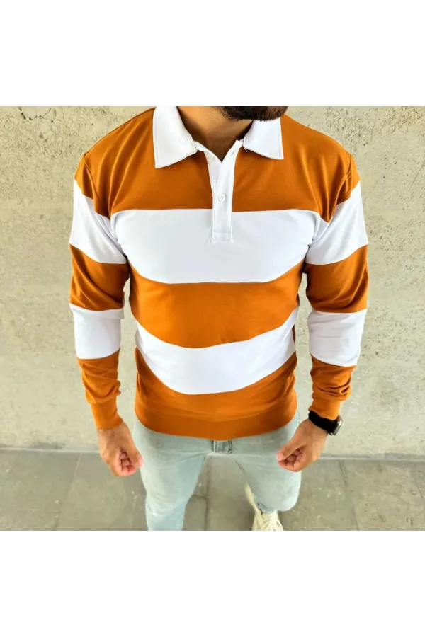 Erkek Polo Yaka Uzun Kollu Çizgili Sweatshirt Trend Rugby Stil - Turuncu