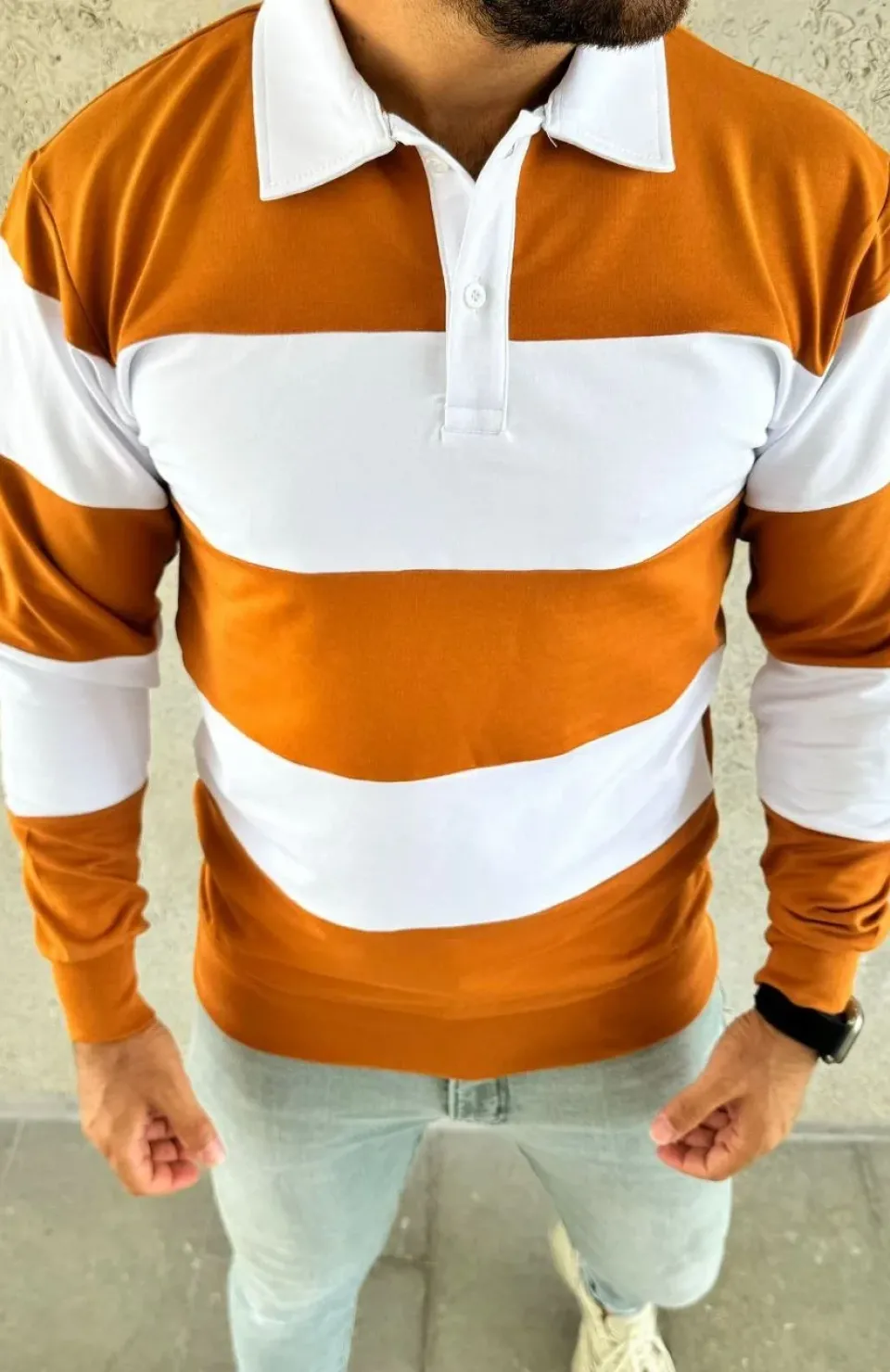 Erkek Polo Yaka Uzun Kollu Çizgili Sweatshirt Trend Rugby Stil - Turuncu