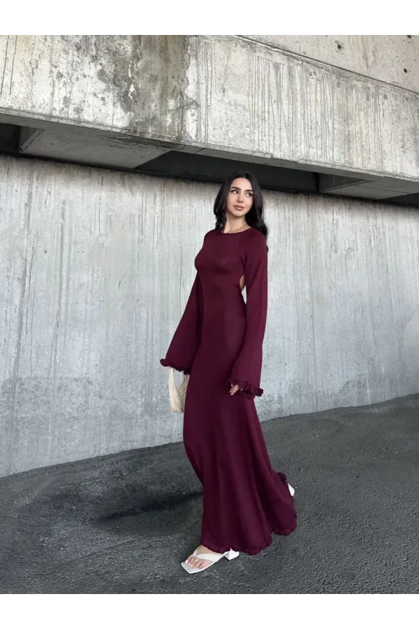 Acık Sırt Detaylı Maxi Uzun Boy Elbise- Bordo