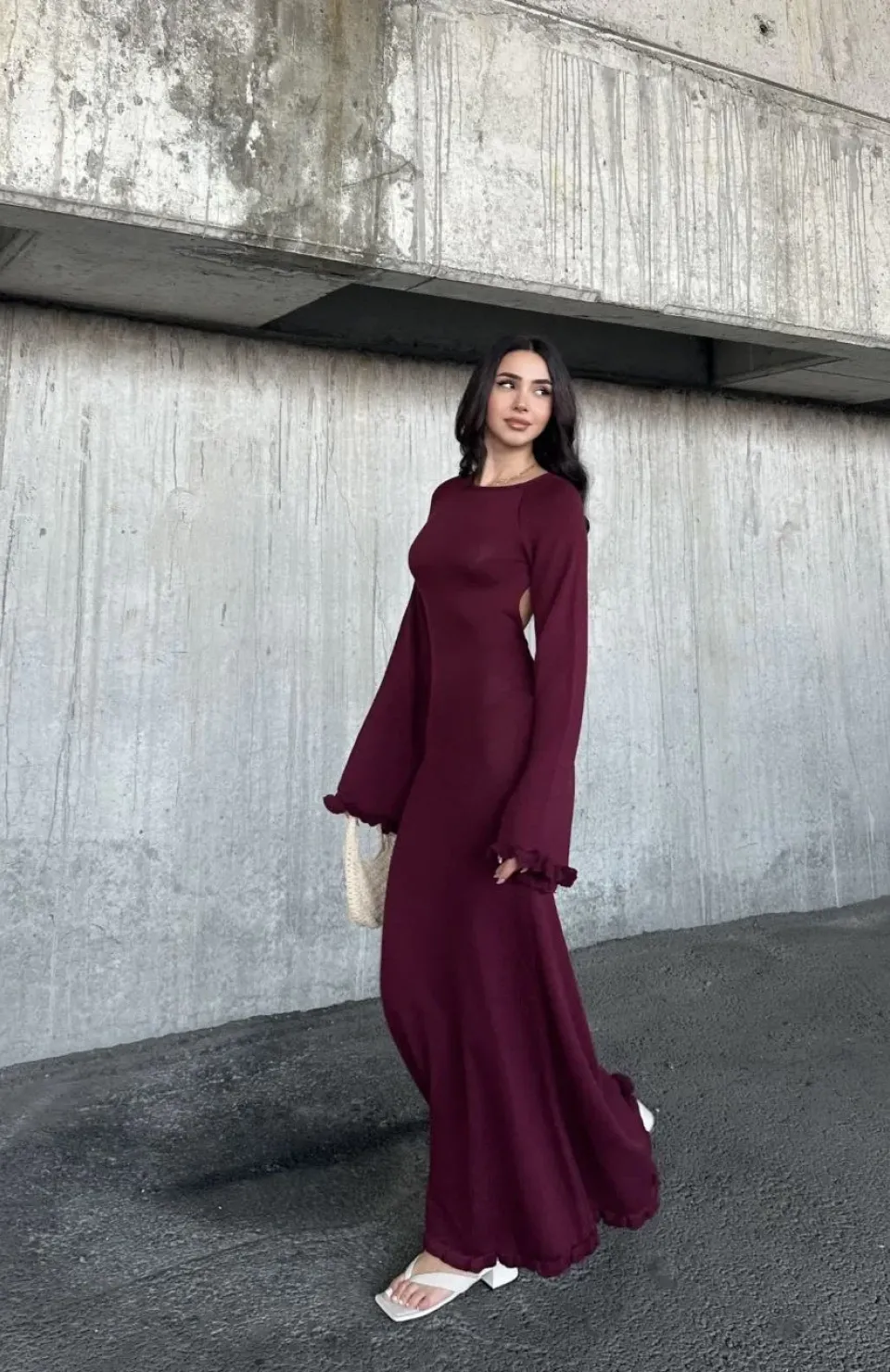 Acık Sırt Detaylı Maxi Uzun Boy Elbise- Bordo