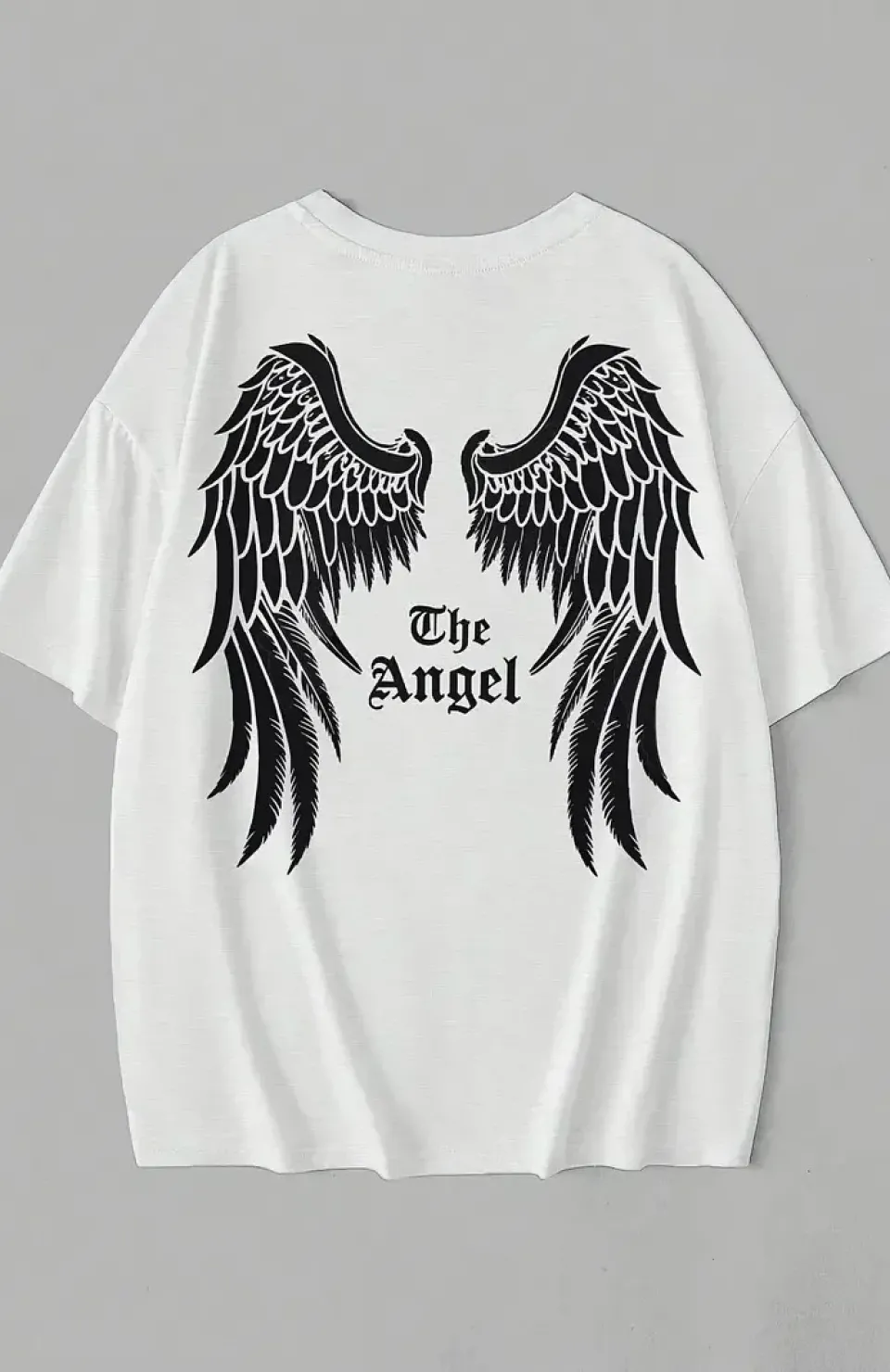 20/1 Penye Compack Dark Angel Baskılı Oversize Kısa Kol Yazlık T-shirt- Beyaz