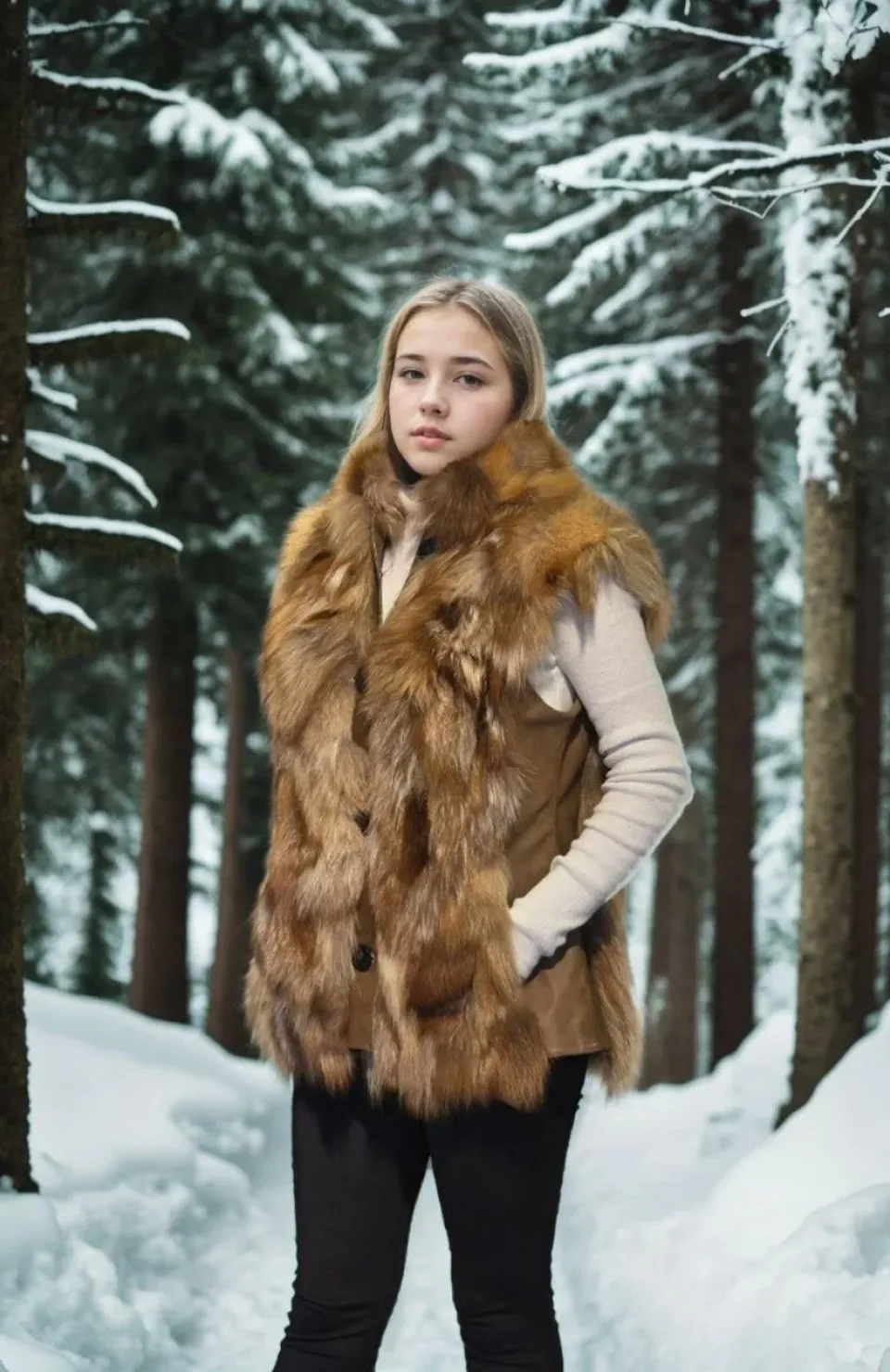 Kadın Kolsuz Hakiki Deri Kürk - Kahve