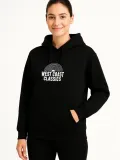 Kadın Kapşonlu Sweatshirt – Oversize Üç İplik Şardonlu Hoodie, “West Coast Classics” Ön & Arka Baskılı, Kanguru Cepli Kışlık Günlük Stil - Siyah