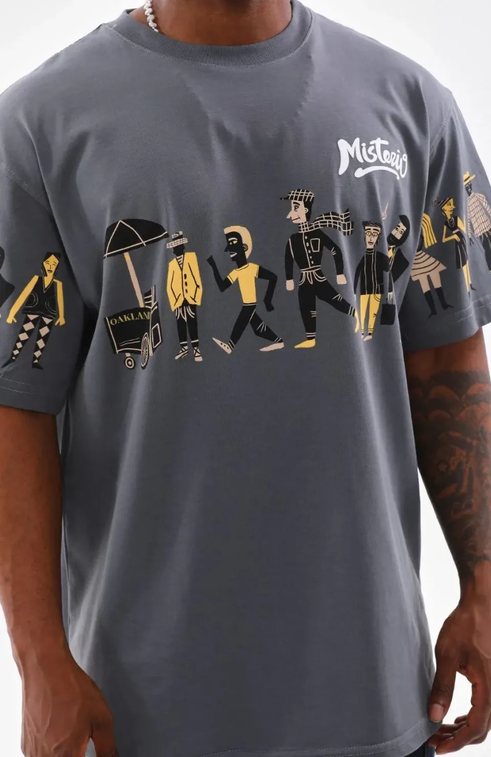 Unisex Bisiklet Yaka Baskılı Oversize T-Shirt - Gri