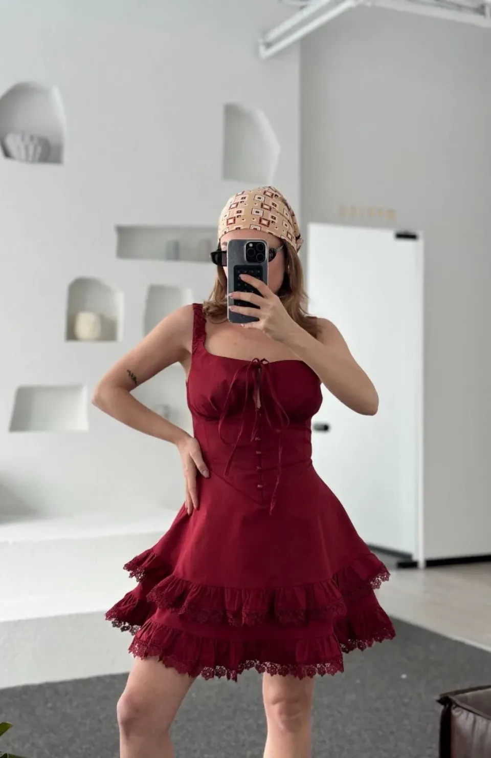 Mini Askılı Elbise - Bordo