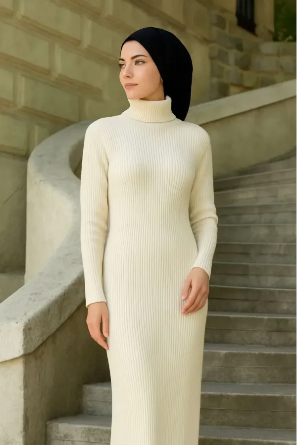 Kadın Tesettür Triko Elbise – Boğazlı Uzun Fitilli Dokuma, Esnek Tam Kalıp, 130 cm Midi Boy, Bahar & Kış Şık Rahat Stil - Beyaz